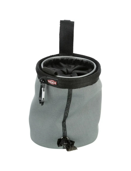 Bolsa porta premios Trixie gris con dispensador de bolsas higiénicas.