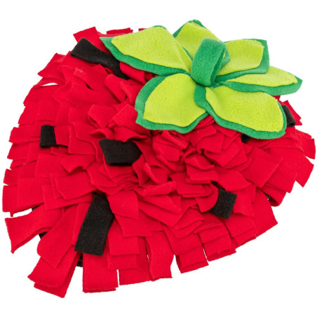 Alfombra olfativa para perros en forma de fresa, hecha de tela polar roja con detalles verdes y negros.