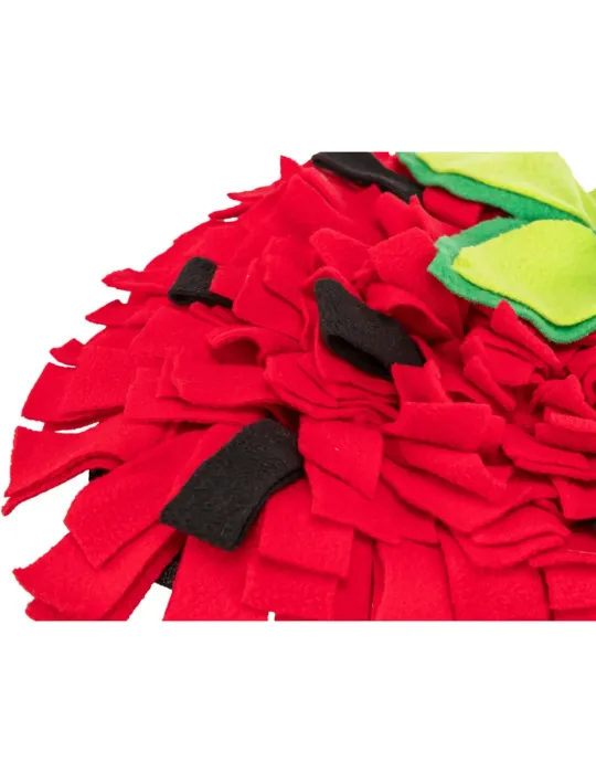Detalle de alfombra olfativa para perros con tiras rojas, negras y hojas verdes de tela polar.