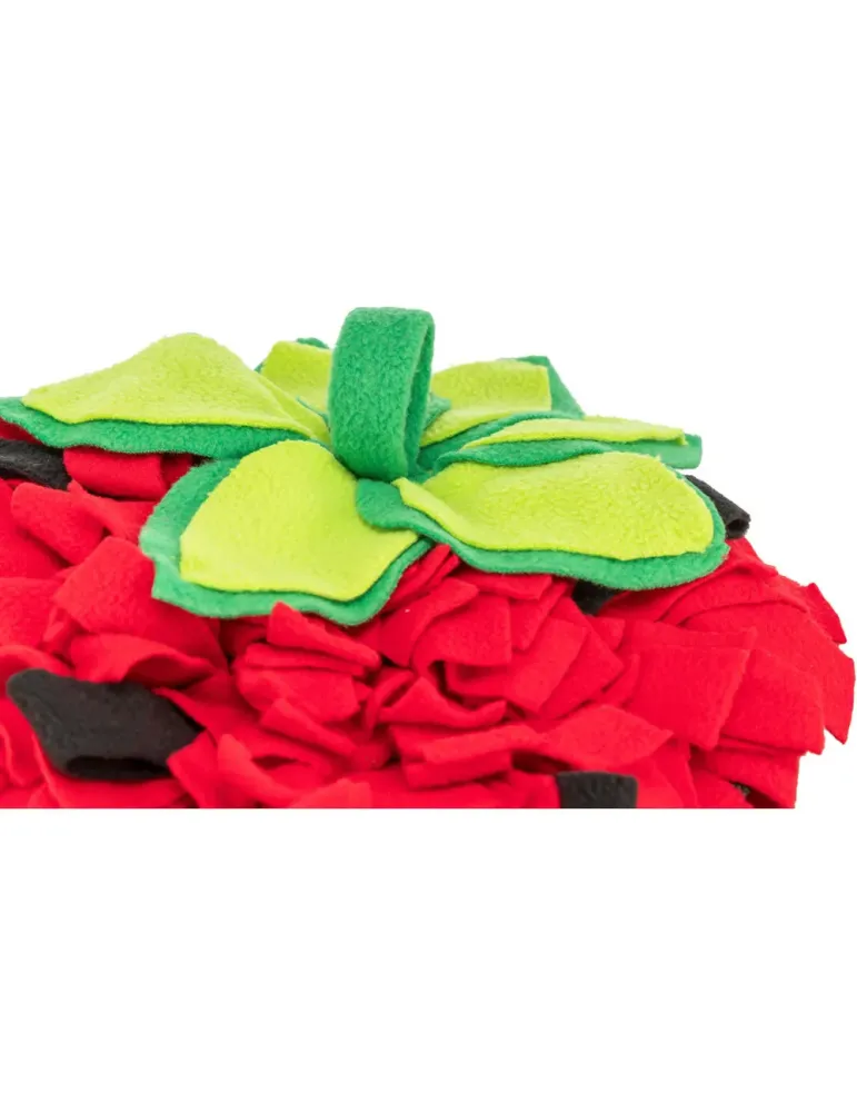 Detalle de las hojas verdes de la alfombra olfativa en forma de fresa para perros.