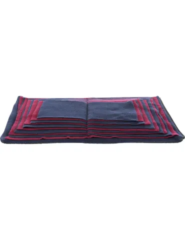 Alfombra olfativa para perros con diseño de capas plegables en colores azul y rojo.