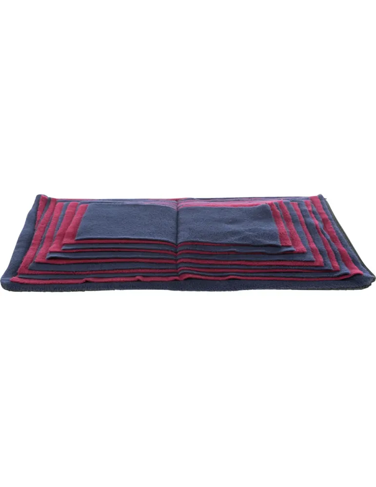 Alfombra olfativa para perros con diseño de capas plegables en colores azul y rojo.