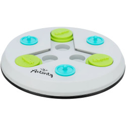 Juego de estrategia Slide & Fun Board para perros con fichas deslizantes en verde y azul para encontrar premios.