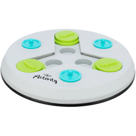 Juego de estrategia Slide & Fun Board para perros con fichas deslizantes en verde y azul para encontrar premios.