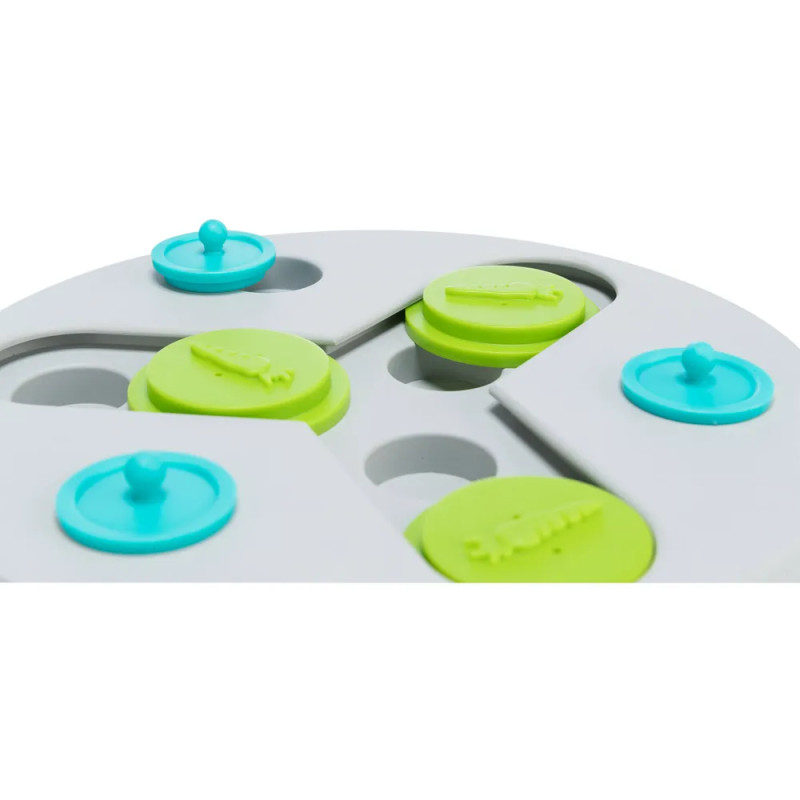 Detalle de las fichas verdes y azules del juego Slide & Fun Board para perros.