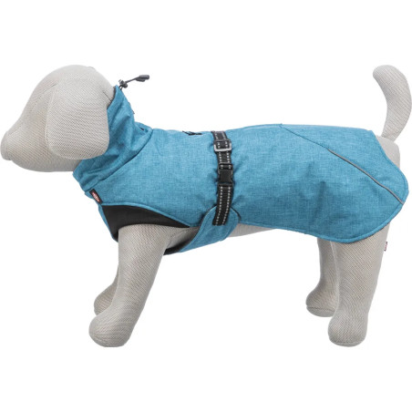 Vista lateral del abrigo impermeable Trixie Riom azul para perro grande, colocado sobre maniquí, con cierre de clip y costuras r