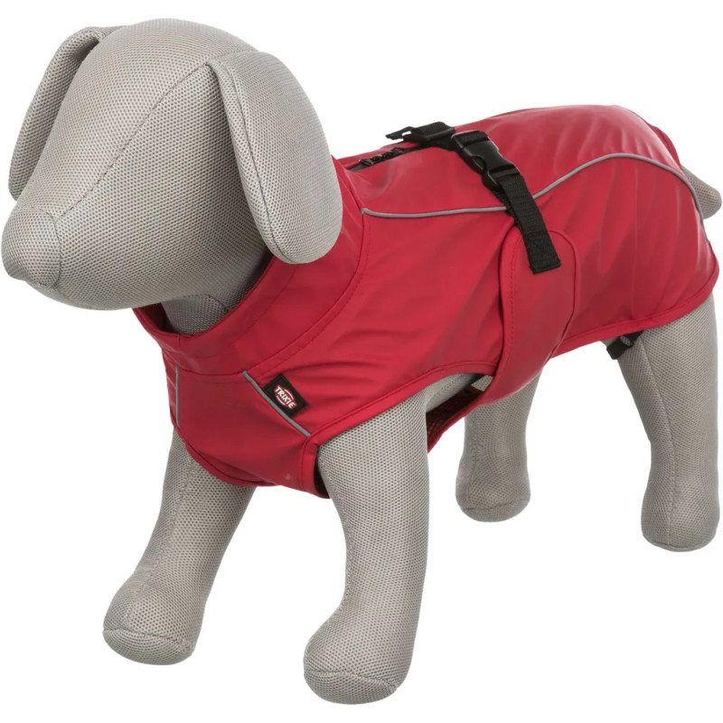 Impermeable Trixie Vimy rojo talla XL 80 cm colocado sobre maniquí de perro, cierre con hebilla y costuras reflectantes