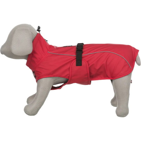 Impermeable Trixie Vimy rojo talla XL 80 cm colocado, vista lateral izquierda sobre maniquí de perro, cierre con hebilla y ribet