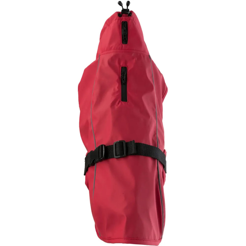 Vista superior del impermeable Trixie Vimy rojo talla XL para perro, con cremalleras impermeables, cordón de ajuste y hebilla do