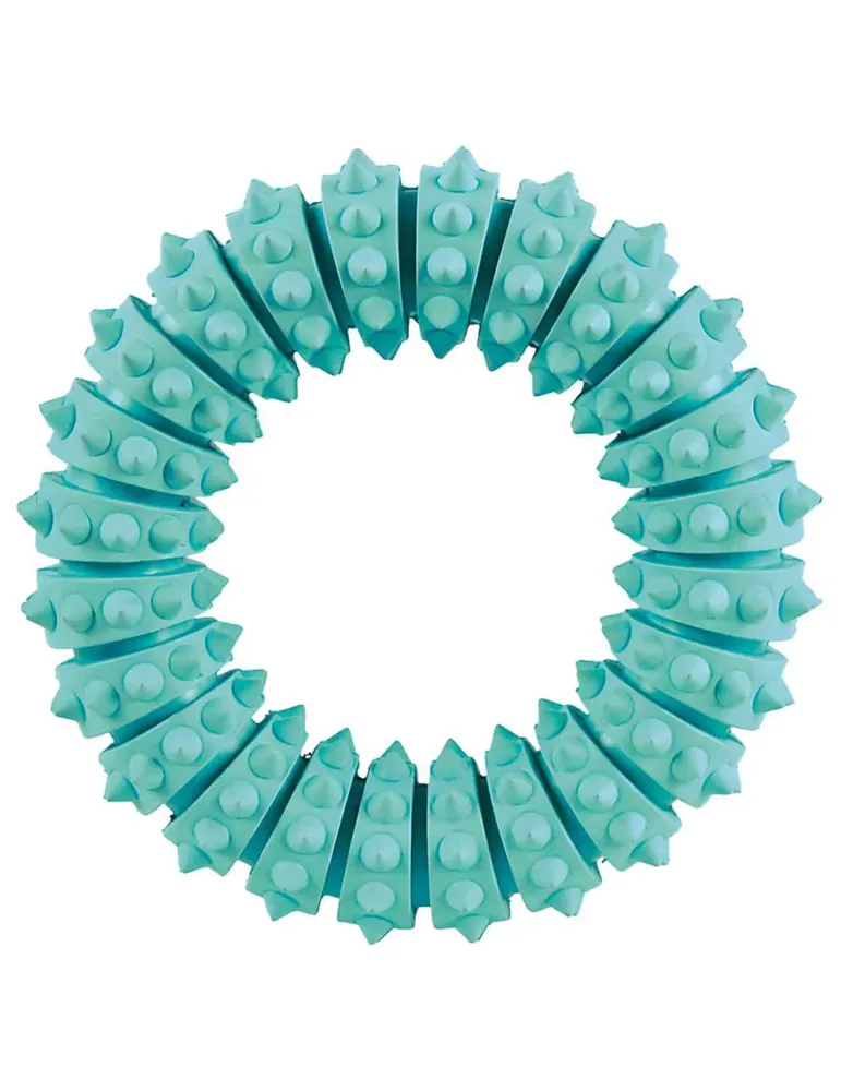 Anillo mordedor para perro de caucho natural sabor menta, marca Trixie, diseño dentado de 12 cm de diámetro
