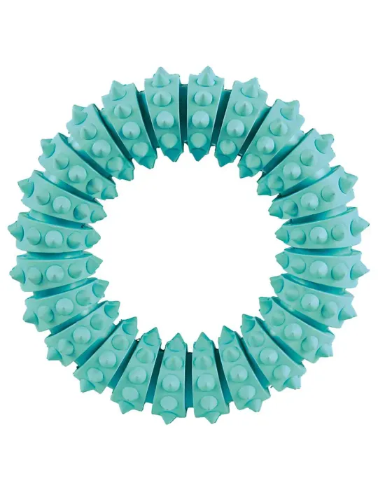 Anillo mordedor para perro de caucho natural sabor menta, marca Trixie, diseño dentado de 12 cm de diámetro