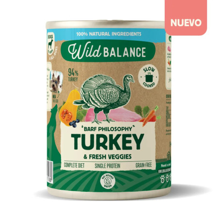 Lata de comida húmeda natural para perros Wild Balance de pavo con verduras frescas, dieta completa BARF cocinada a fuego lento.