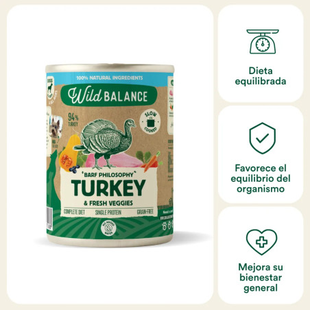 Comida húmeda Wild Balance de pavo con verduras frescas para perros, con beneficios como dieta equilibrada, bienestar general y 