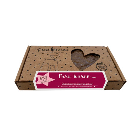 Turrón duro para perros con carne de pavo 55 %, albaricoque, boniato y almendras – snack natural Puromenu
