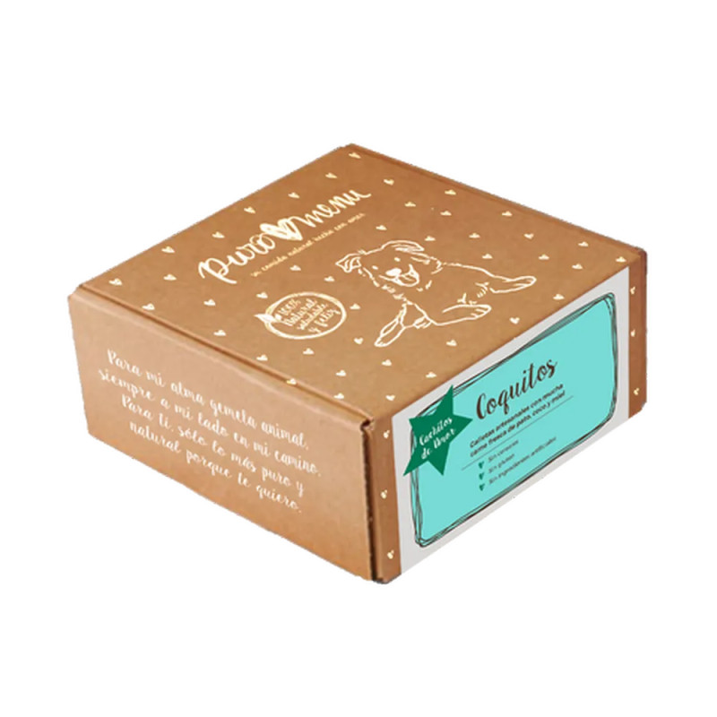 Caja de galletas artesanales “Coquitos” de la marca Puro Menú para perros, 100 % naturales con carne de pato, coco y miel.