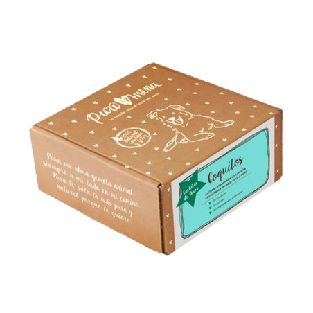Caja de galletas artesanales “Coquitos” de la marca Puro Menú para perros, 100 % naturales con carne de pato, coco y miel.