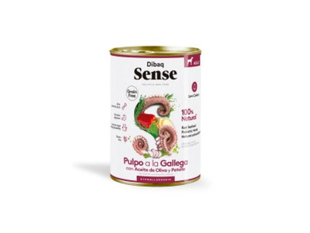 Lata de comida húmeda para perro Dibaq Sense grain free sabor pulpo a la gallega con aceite de oliva y patata, sin cereales.