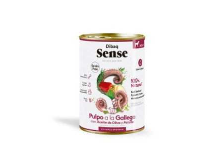 Lata de comida húmeda para perro Dibaq Sense grain free sabor pulpo a la gallega con aceite de oliva y patata, sin cereales.