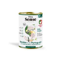 Lata de comida húmeda para perro Dibaq Sense grain free con bacalao a la portuguesa, aceite de oliva y aceitunas negras.