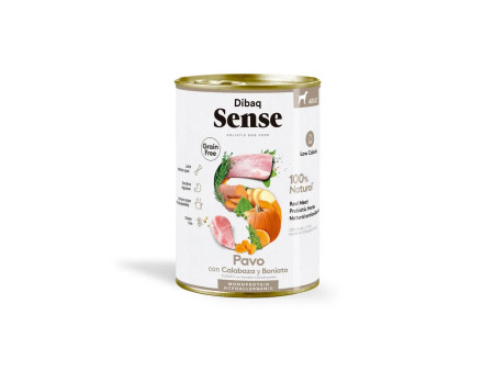 Lata de comida húmeda para perro Dibaq Sense grain free con pavo, calabaza y boniato, hipoalergénica y baja en calorías.