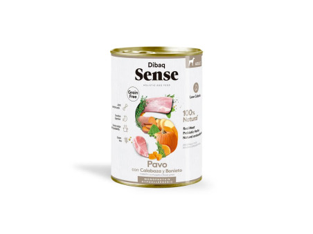 Lata de comida húmeda para perro Dibaq Sense grain free con pavo, calabaza y boniato, hipoalergénica y baja en calorías.