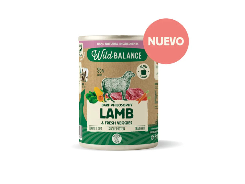 Lata de comida húmeda para perro Wild Balance BARF Philosophy con cordero y verduras frescas, receta natural sin cereales.