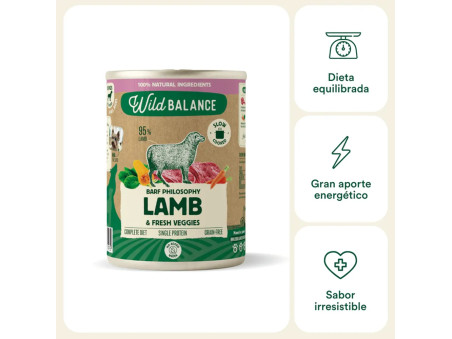 Lata de comida húmeda para perro Wild Balance BARF de cordero con beneficios: dieta equilibrada, alto valor energético y sabor i