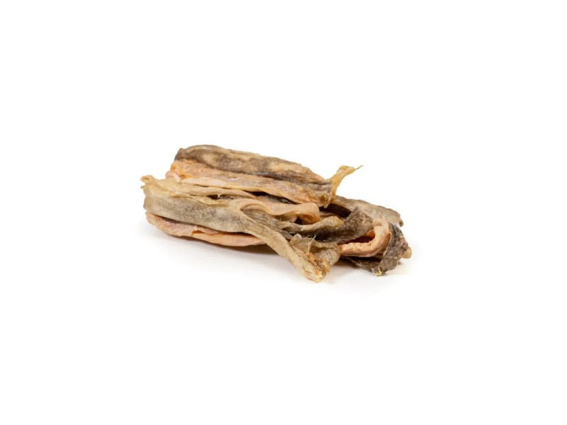 Snacks de piel de rosada deshidratada para perros, premio natural rico en proteínas y sabor a pescado.