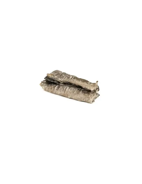 Snack natural para perros de piel de fogonero deshidratada, crujiente y rica en proteínas.