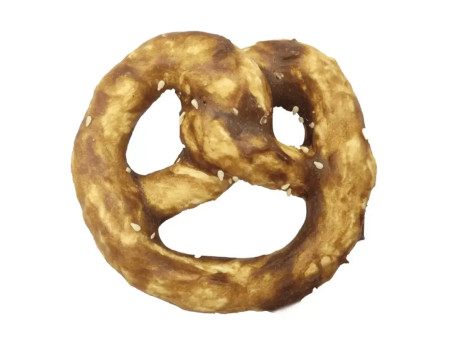 Snack para perro en forma de pretzel con colágeno y sabor a pato, premio crujiente para masticar y cuidado dental.