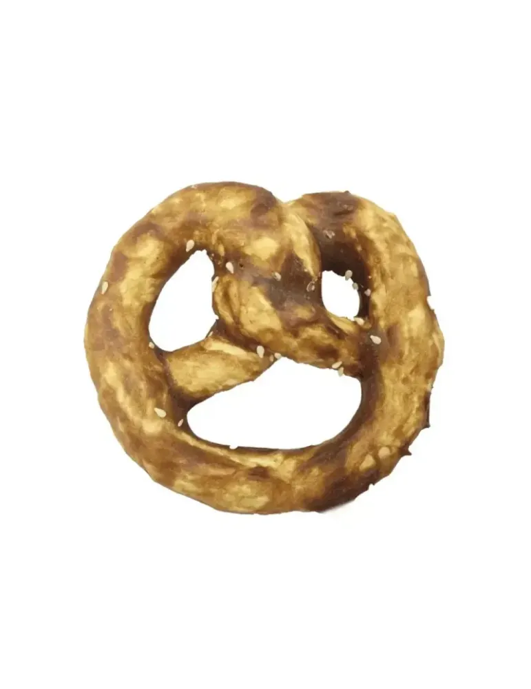Snack para perro en forma de pretzel con colágeno y sabor a pato, premio crujiente para masticar y cuidado dental.