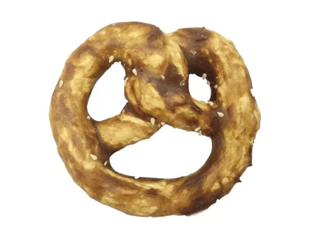 Snack para perro en forma de pretzel con colágeno y sabor a pato, premio crujiente para masticar y cuidado dental.