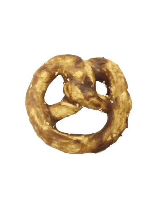 Snack para perro en forma de pretzel con colágeno y sabor a pato, premio crujiente para masticar y cuidado dental.