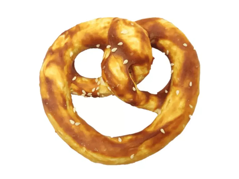 Snack para perro en forma de pretzel con colágeno y sabor a salmón, premio crujiente y saludable para masticar.