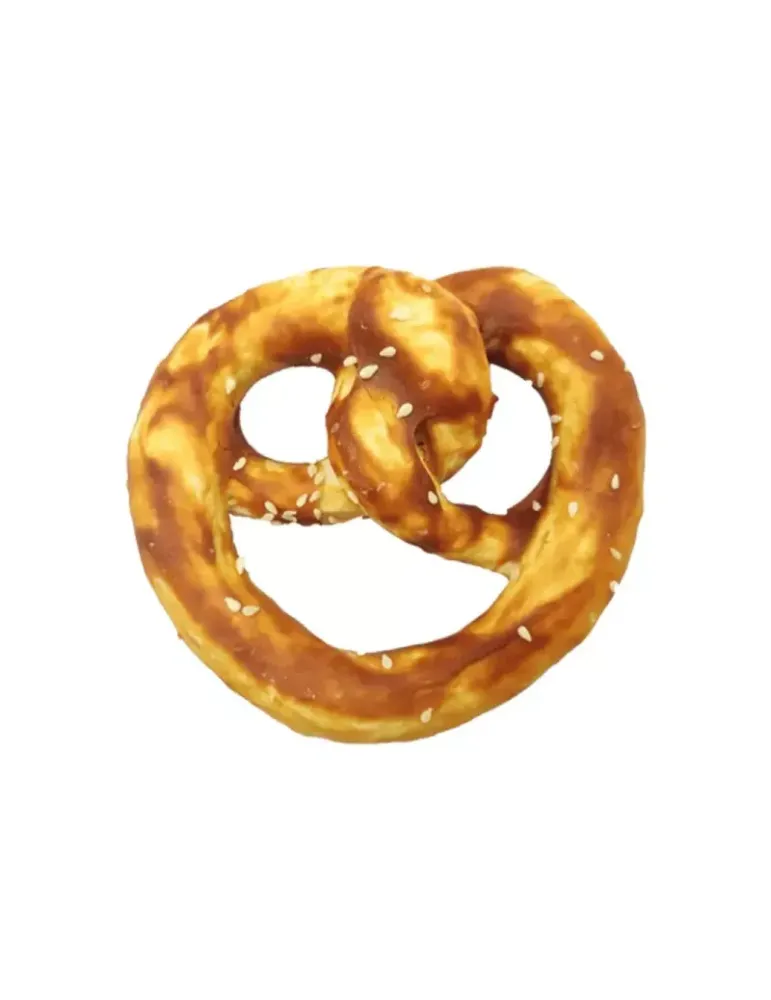 Snack para perro en forma de pretzel con colágeno y sabor a salmón, premio crujiente y saludable para masticar.