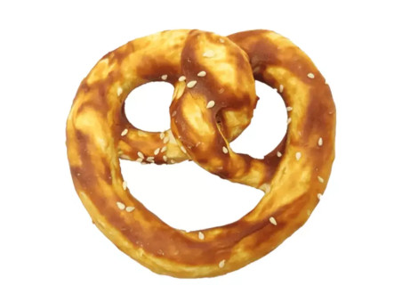 Snack para perro en forma de pretzel con colágeno y sabor a salmón, premio crujiente y saludable para masticar.