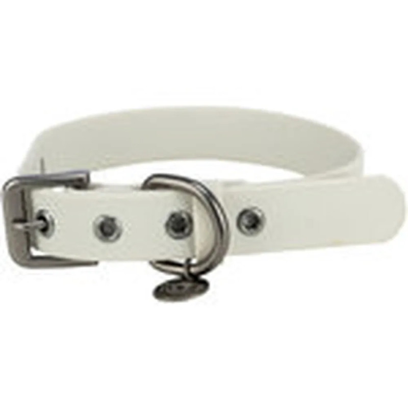 Collar para perro de PVC color gris claro, ancho 30 mm, con hebilla metálica y anilla para correa y placa identificativa.