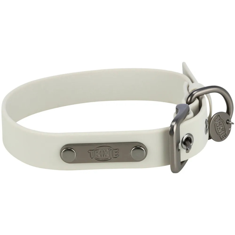 Collar para perro Trixie de PVC blanco, con hebilla metálica y anilla, diseño resistente e impermeable ideal para uso diario.