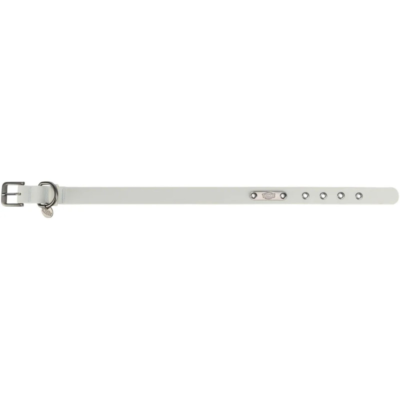 Collar blanco para perro marca Trixie en PVC, vista lateral extendida con hebilla metálica, anilla y múltiples orificios de ajus