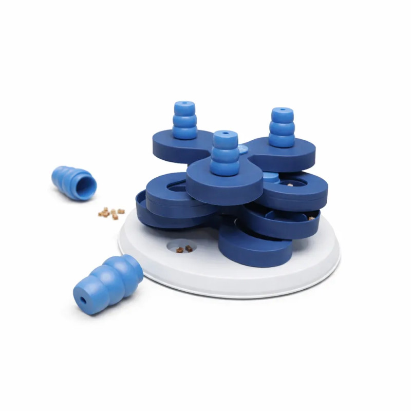 Juego interactivo Flower Tower Trixie para perros – puzzle de inteligencia azul con compartimentos y piezas apilables para escon