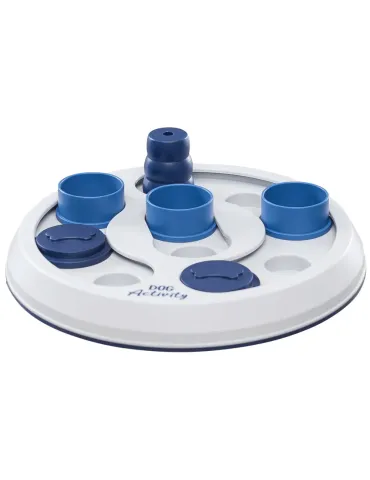 Juego mental para perros interactivo tipo puzzle con compartimentos y piezas móviles para esconder premios, ideal para estimular