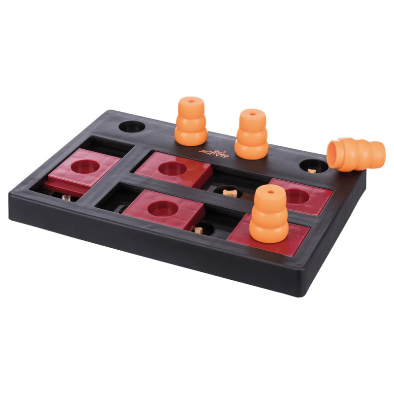 Juego de inteligencia Dog Activity Chess para perros, con piezas móviles desplazadas y premios visibles, nivel de dificultad ava
