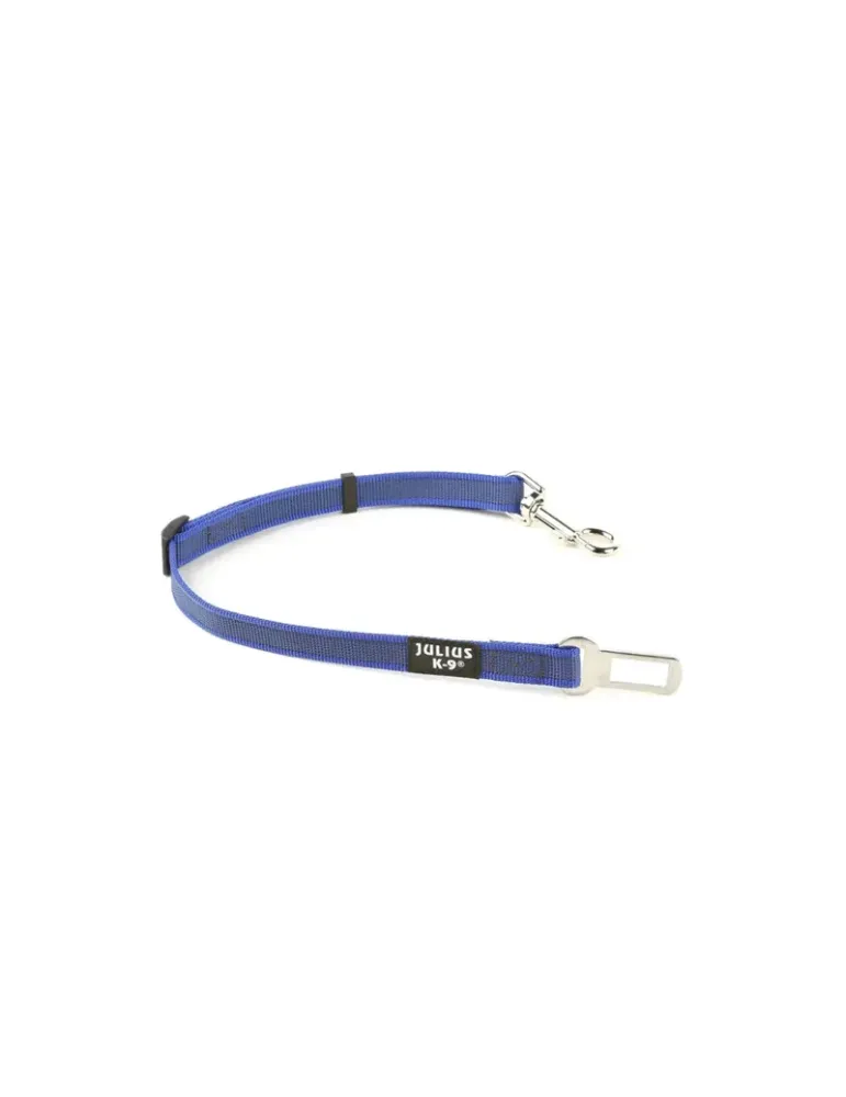 Cinturón de seguridad azul para perros Julius-K9 con hebilla de metal y mosquetón.