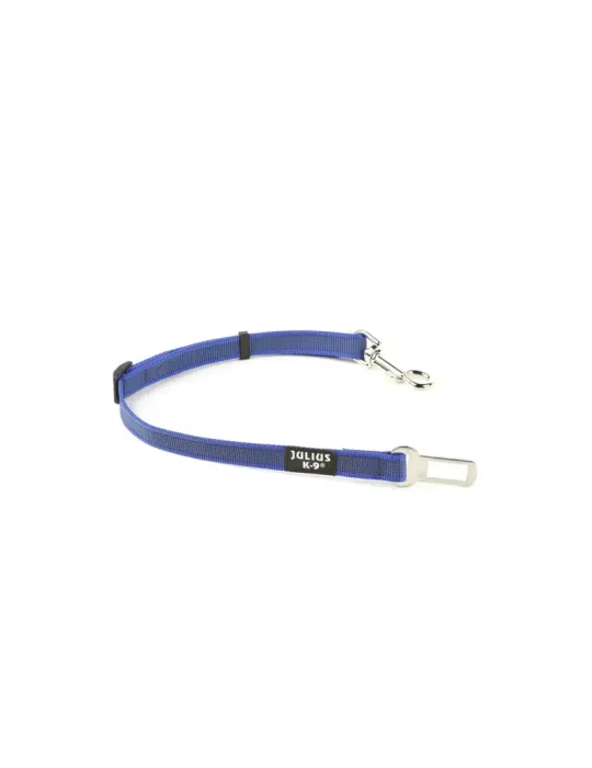 Cinturón de seguridad azul para perros Julius-K9 con hebilla de metal y mosquetón.