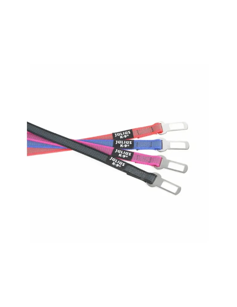 Cinturones de seguridad para perros Julius-K9 en colores negro, rosa, azul y rojo con hebilla metálica.