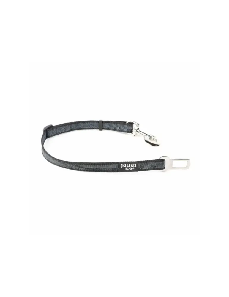 Cinturón de seguridad negro para perros Julius-K9 con hebilla universal y mosquetón metálico.