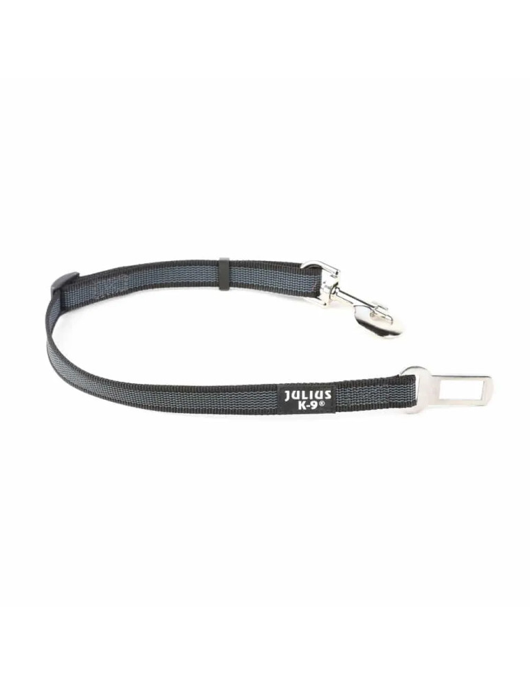 Cinturón de seguridad negro para perros Julius-K9 con hebilla universal y mosquetón metálico.