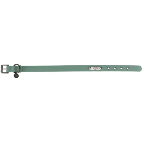 Vista completa del collar Trixie de PVC verde menta para perro, con hebilla metálica, anilla de sujeción y varios orificios de a