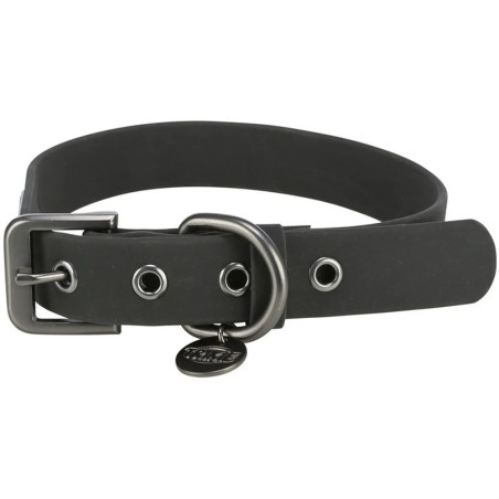 Collar Trixie para perro en PVC negro, con hebilla metálica, anilla de sujeción y diseño impermeable resistente para uso diario.