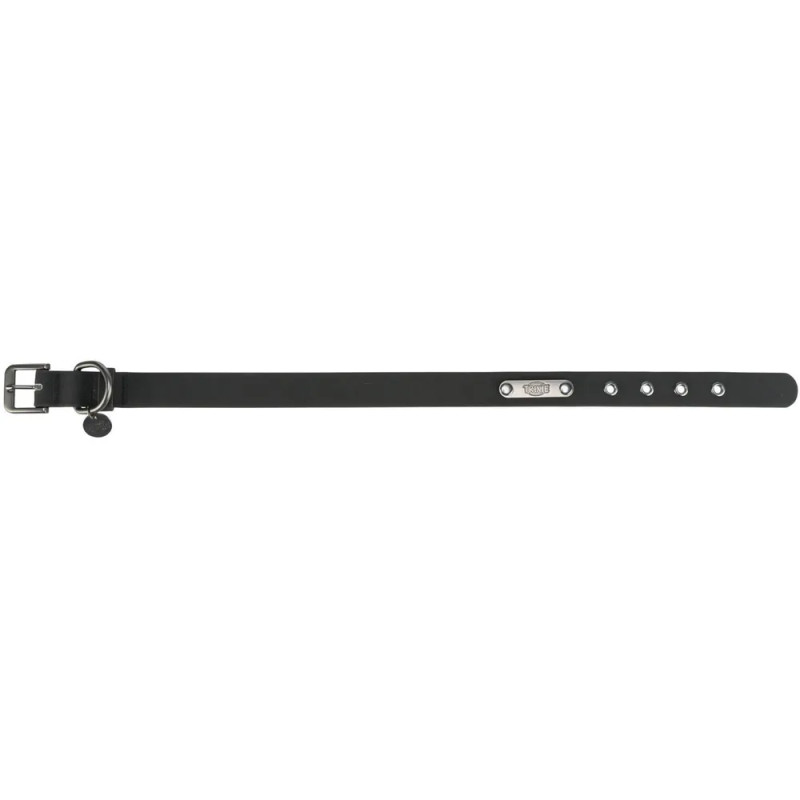 Vista extendida del collar para perro Trixie en PVC negro, con hebilla metálica, anilla de sujeción y múltiples orificios de aju